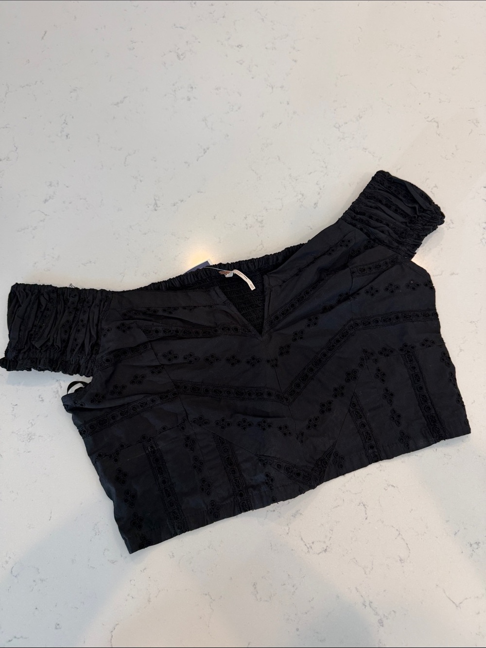 Free People Black Off-Shoulder Embroidered Crop Top